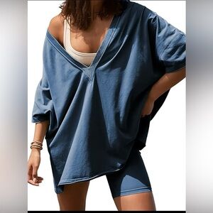 Oversized Blue V-Neck Top and Shorts Set